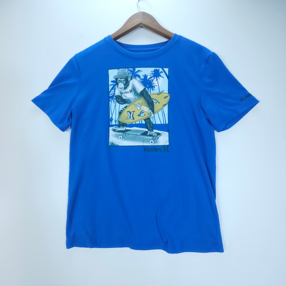 Skate Hurley T-Shirt Boys XL Blue Monkey Surfboard Graphic Tee Streetwear